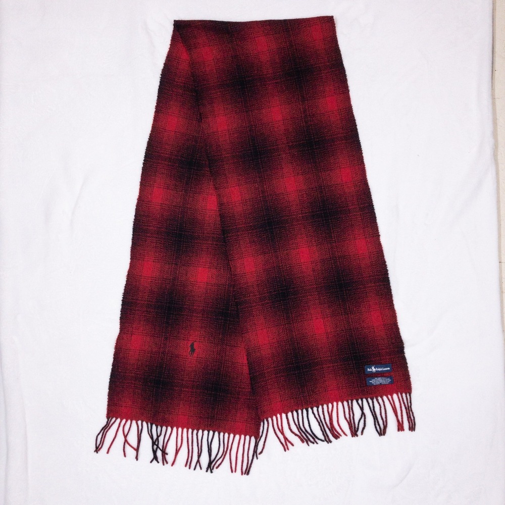 Polo Ralph Lauren Lambswool Scarf Adult Red Plaid Fringed Made in Italy